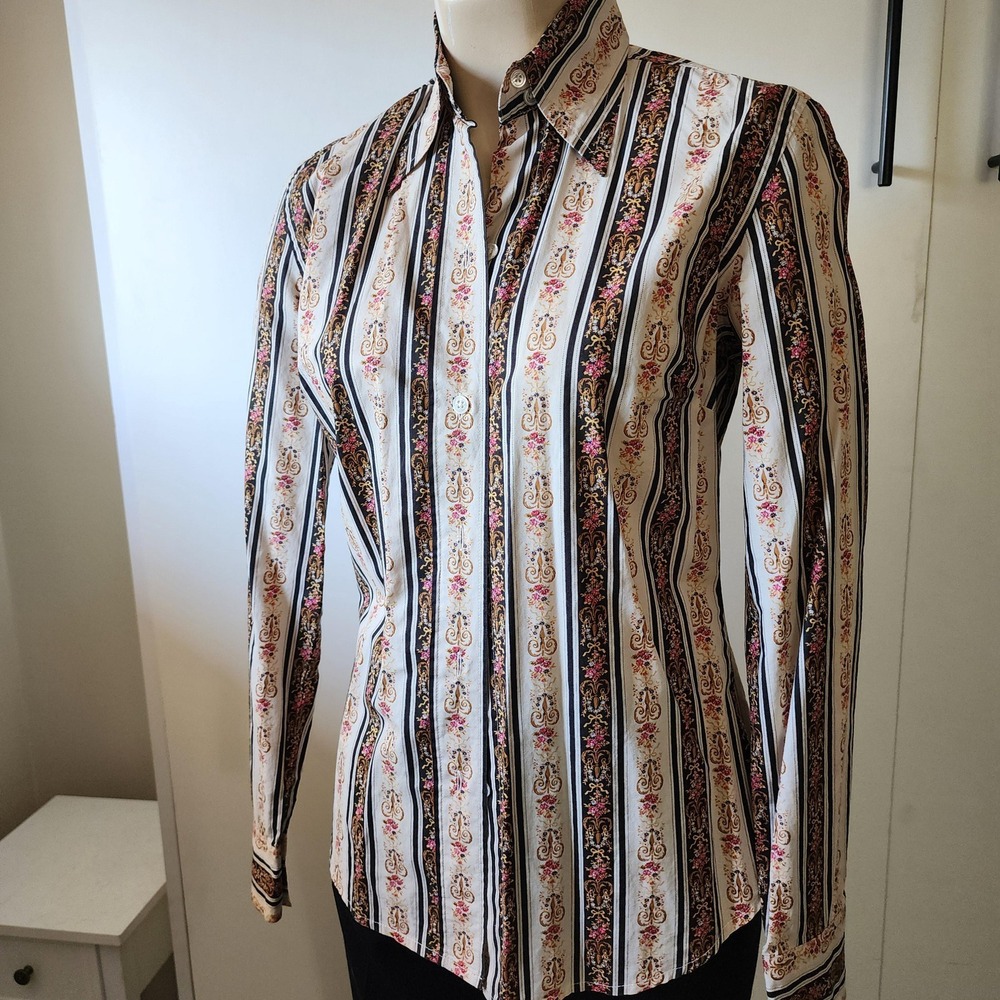 Victorian Floral and Striped Brown & White Button Up by Lucky Brand 100% Cotton